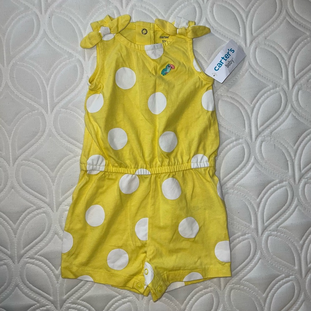 Yellow and white polka dot baby romper